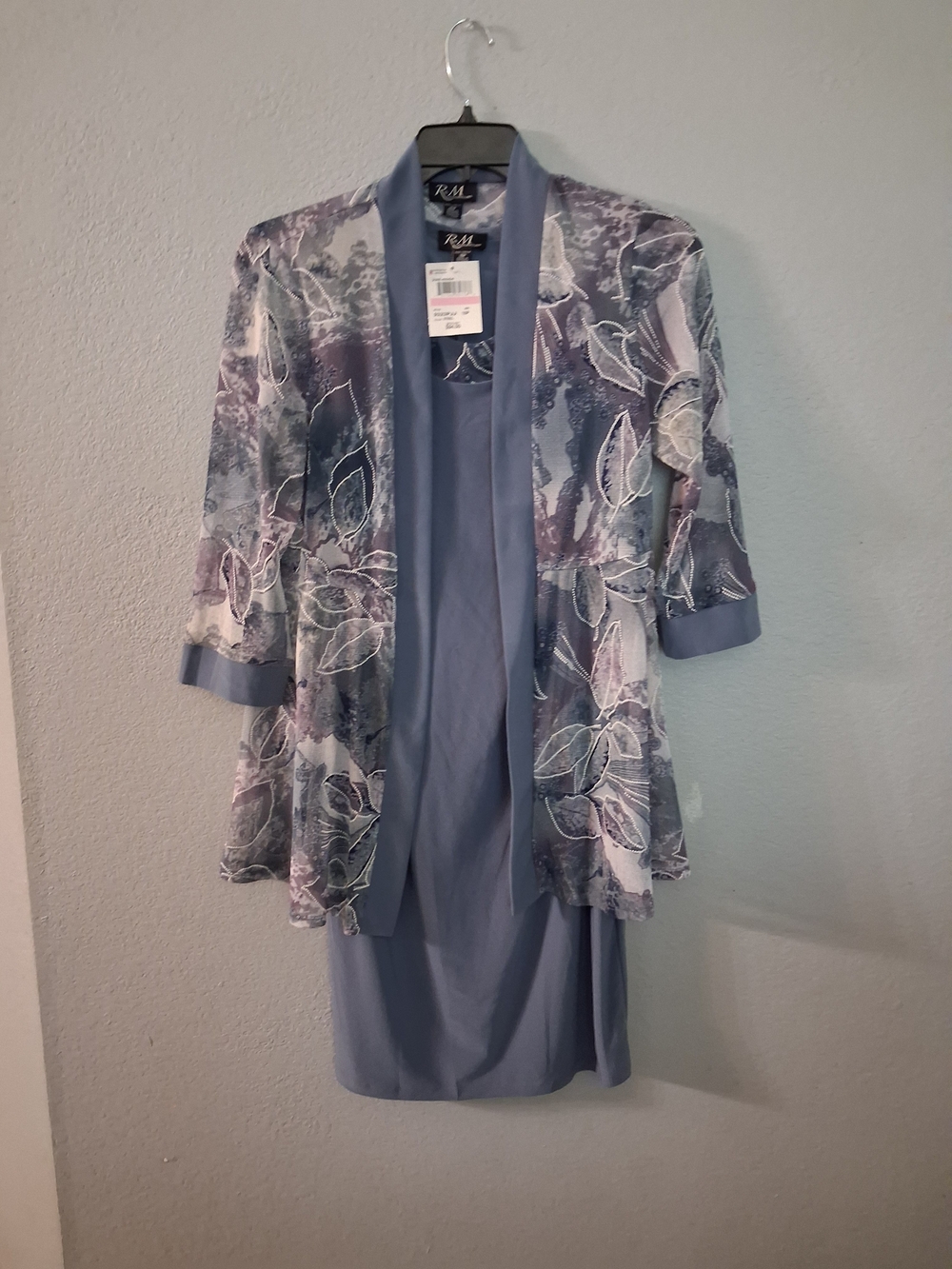 R&M Richards Dusty Blue Two-Piece Dress with Sheer Lace Jacket